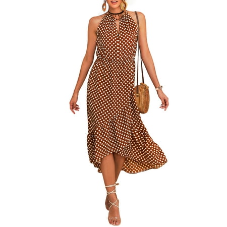 dress dresses irregular hem polka halter midi sleeveless bohemian cocktail dot neck holiday beach