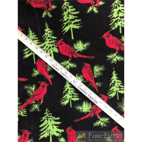 Fleece Printed Antipill Winter Fabric RED CARDINALS AND GREEN PINE TREES BLACK BACKGROUND / 58" Wide / Sold by the yard