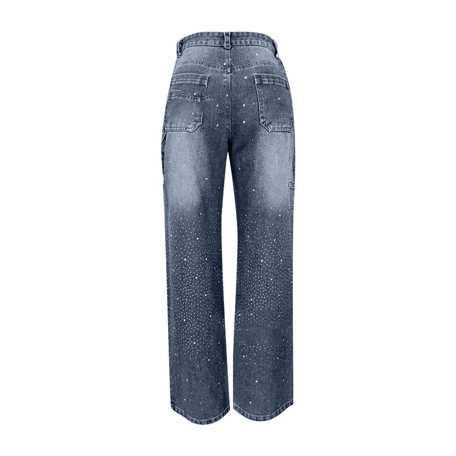 Womens Loose High Waisted Straight Wide Leg Jeans with Rhinestone