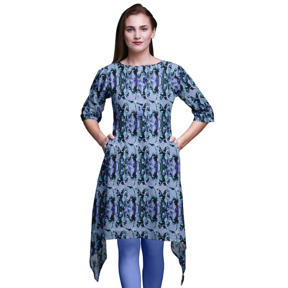 Bimba Blue Abstract Tie-Dye Printed Tops For Women Asymmetric Kurti Summer Dress For Girls Large