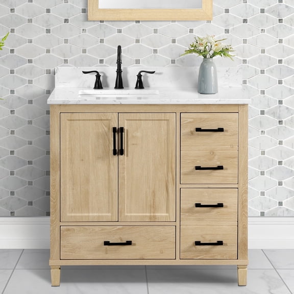 Hardin 36" Single Bathroom Vanity, 37" W x 19" D x 34.5" H, Carrara White Quartz Top, Sink & Backsplash, Light Wood, MDF, Pre-Assembled, 3 Soft-Close Drawers & 2 Doors, Adjustable Feet