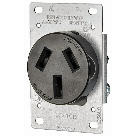 Leviton R20-05206-S10 Electrical Receptacle, 3 -Pole, 125/250 V, 50 A, NEMA: NEMA 10-50R, Black