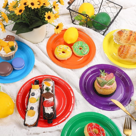 Rainbow Plastic Plates 7” Disposable Plates for Party, BBQ and Events, 72 Pack