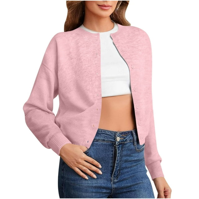 Dealovy Button down Tops for Women Casual Round Neck Long Sleeve Solid Color Drop Shoulder Loose Knitted Cardigan