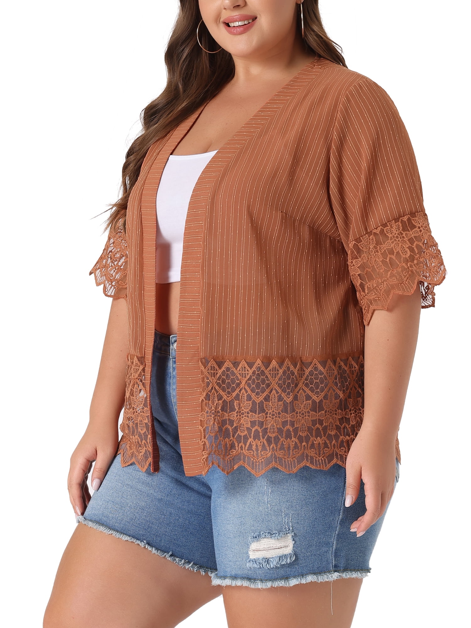 DARING DIVA Women's Plus Size 1/2 Sleeve Bohemian Kimono Cardigan 4X Orange Brown