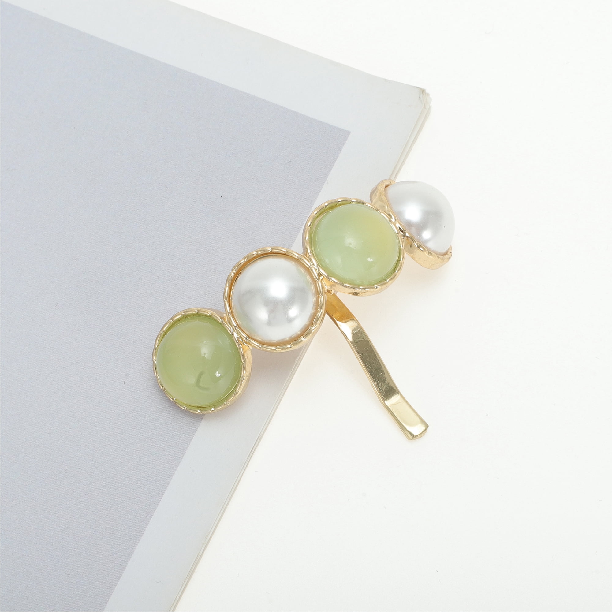 Unique Bargains Faux Pearl Ponytail Buckle Hair Clip Green White Gold Tone