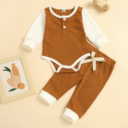 

Hunpta Newborn Infant Baby Girls Boys Long Sleeve Splice Knitted Ribbed Romper Tops Pants 2PCS Outfits Clothes Set
