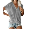 thumbnail image 1 of Women Solid Color V Neck Batwing Sleeve Cross Drape Front Buttons T-Shirt, 1 of 5
