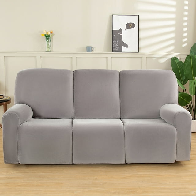 8-piece Recliner Cover with Pockets, Stretch Recliner Chair Slipcover Velvet Plush Fabric Couch Furniture Covers, Silver Gray