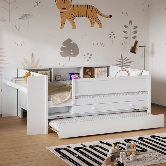 New Multi-Functional Twin Daybed with Drawers and Trundle, Headboard Storage and Tables, USB Charging Station, White