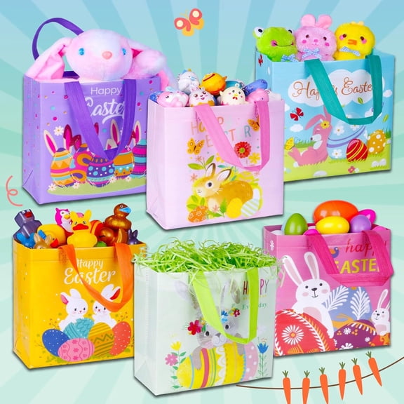 Happy Easter Gift Bags with Handles, Bunny Carrot Chick Designs, Reusable Non-Woven Treat Bags for Party Favors, Gift Wrapping, Easter Basket Container, 6-Pack