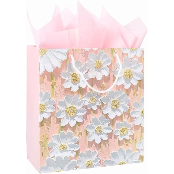 12 x 13 Inch Pink Paper Flower Bags Party Favor Floral Bags with Rope Handle Tissue Rectangle Large Printed Peach Puff Wrapping Storage Paper Set for DIY Party Favor Gifts Presents Packaging