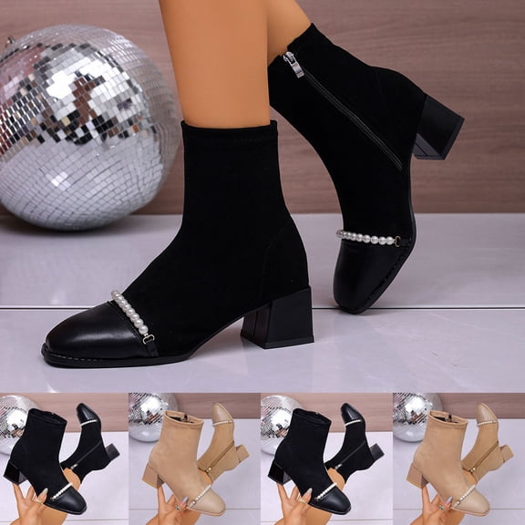 Miluxas Women Round Toe Ankle Boots with Pearl Chunky Low Heels Zip Booties Party Casual Shoes Khaki 7.5(40)