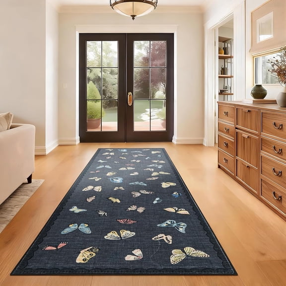 Butterfly Area Rug 2x6, No Slip Washable Rug, Modern Bedroom Rug Under Bed Ultra Carpet, Low-Profile Rugs for Living Room Bedroom Dining Room, Black