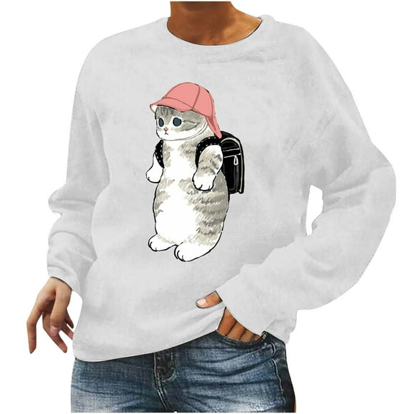 Fashion Women Casual O-neck Animal Cat Printing Long-sleeved Sweatshirt