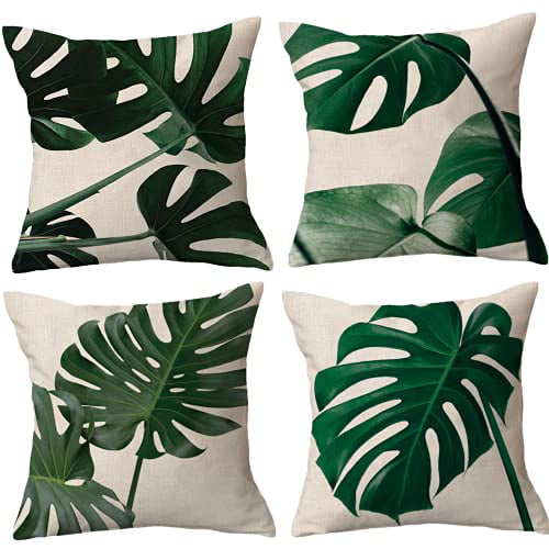HGOD DESIGNS Pineapple Decorative Throw Pillow Cover Case,Tropical Palm Leaves and Flowers Cotton Linen Outdoor Pillow Cases Square Standard Cushion Covers for Sofa Couch Bed 18x18 inch Gold Green