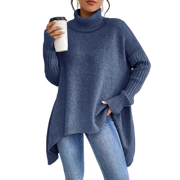 Women's autumn and winter high-neck drop shoulder asymmetrical hem sweater