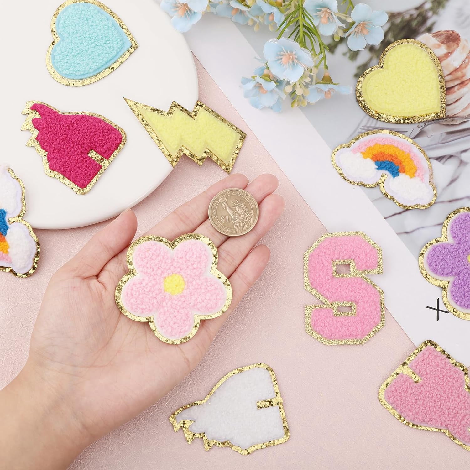 60 Pcs 6 Styles Heart Flower Rainbow Erembroidered Patch Sticker for Clothing Castle Polyester Embroidery Applique Patch Letter Iron On Patches for Jeans Jacket Clothes Sewing Colorful