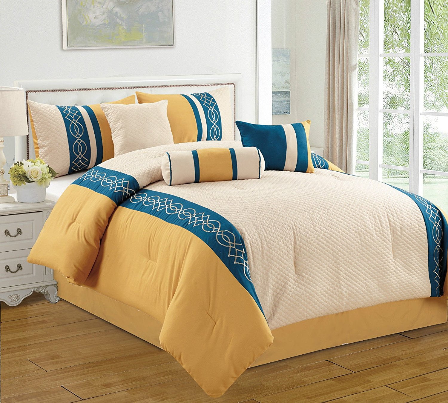 Jaclyn 7 Piece Embossed Embroidered Comforter Set Gold Royal