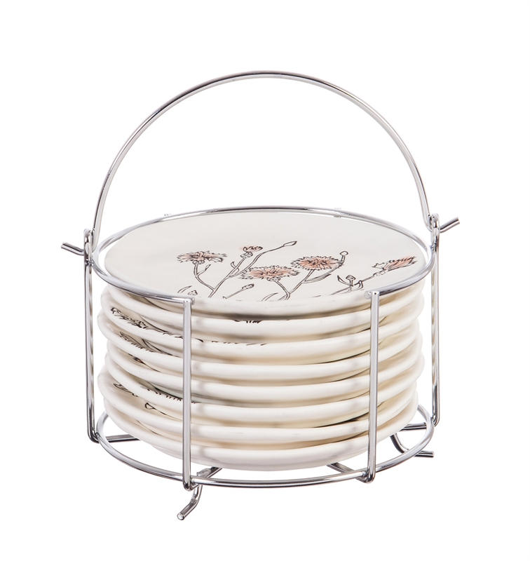 Ceramic 6'' Appetizer Plate w/caddy, Stamped Botanical