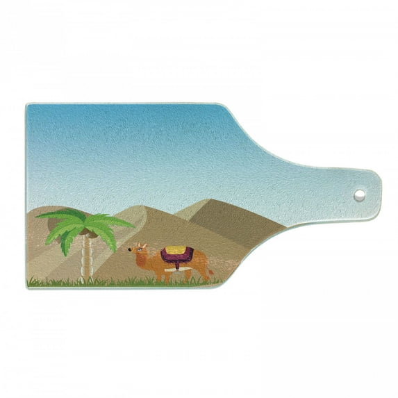 Oasis Cutting Board, Cartoon Style Illustration of Sand Hills a Palm Tree and a Camel, Decorative Tempered Glass Cutting and Serving Board, in 3 Sizes, by Ambesonne