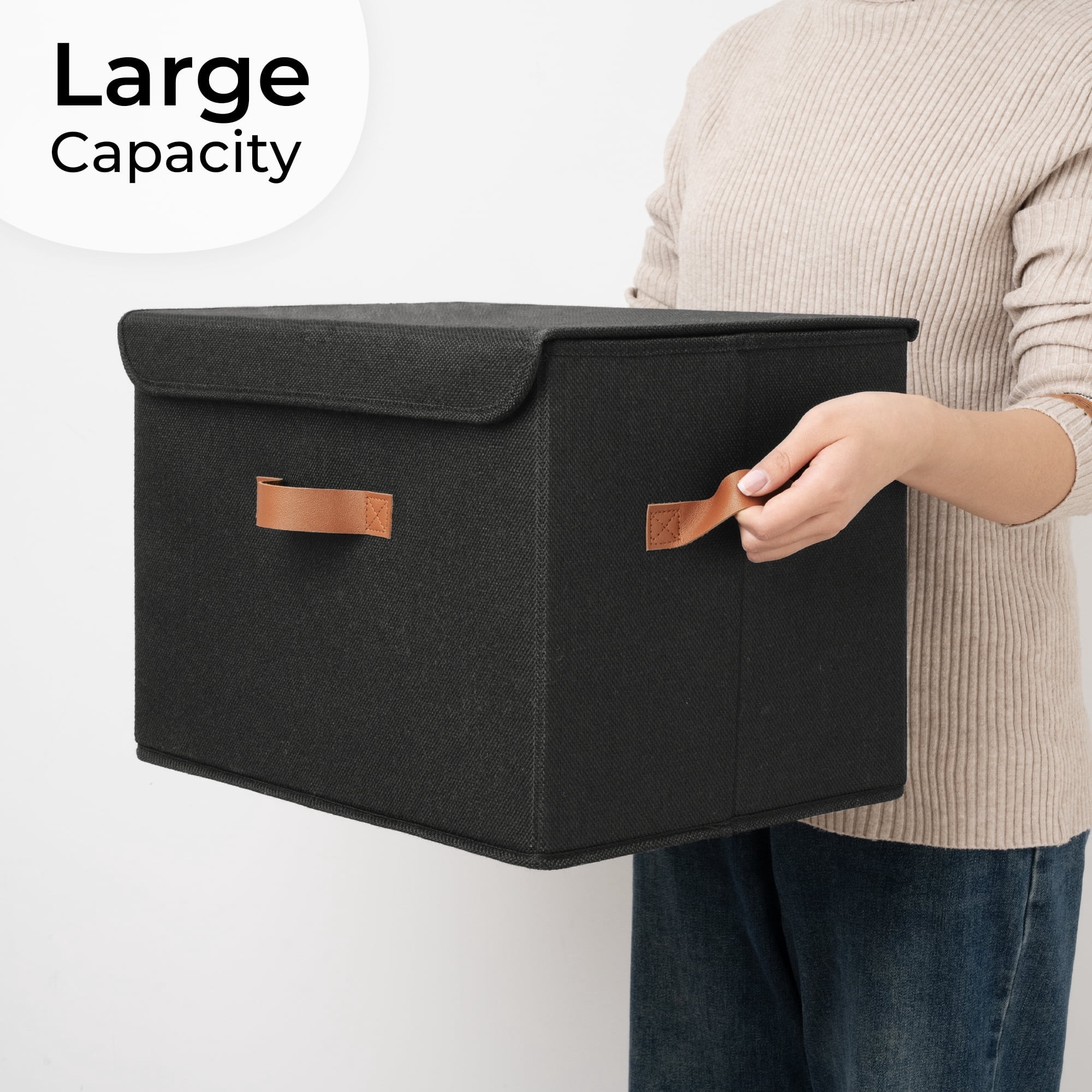 Granny Says Storage Bins with Lids, Extra Large Fabric Storage Boxes with PU Handles, Black, 2-Pack