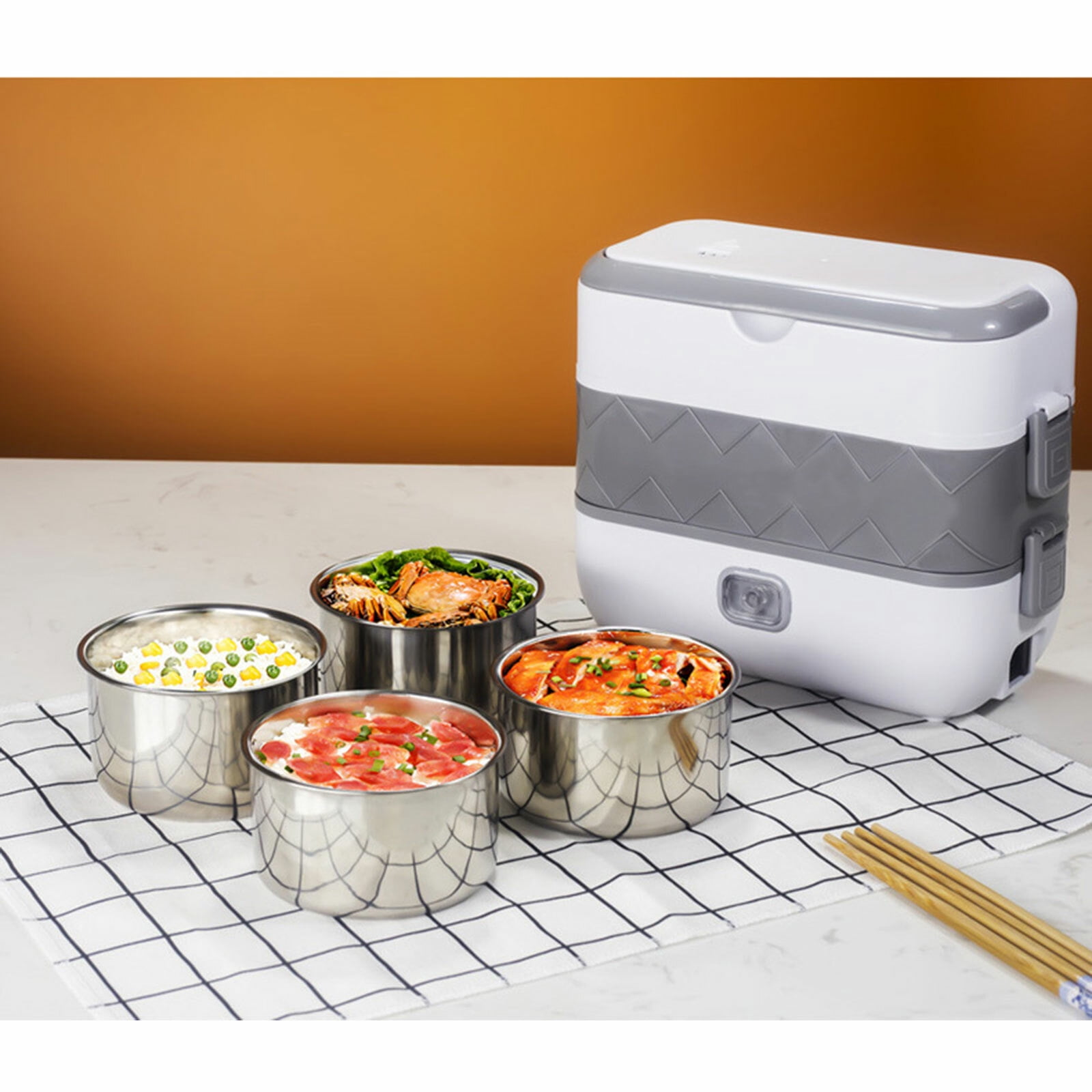 Portable 2 Layer Electric Lunch Box Stainless Steel Steamer Pot Rice Cooker Heat