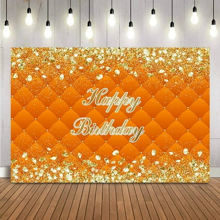 Image of Orange Headboard Background Gold Glitter and Sliver Diamonds Photo Backdrop Happy Birthday Theme Party Decoration Banner Props