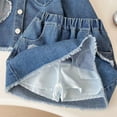 thumbnail image 5 of Vividxx Girls Outfits Sets Casual Denim Jacket And Skirt Two Piece Outfits Sets With Patchwork Heart Design For Toddler Kids Age 2-10 Years Fall Everyday Wear Solid Color O-Neck Trendy Dailywear, 5 of 9