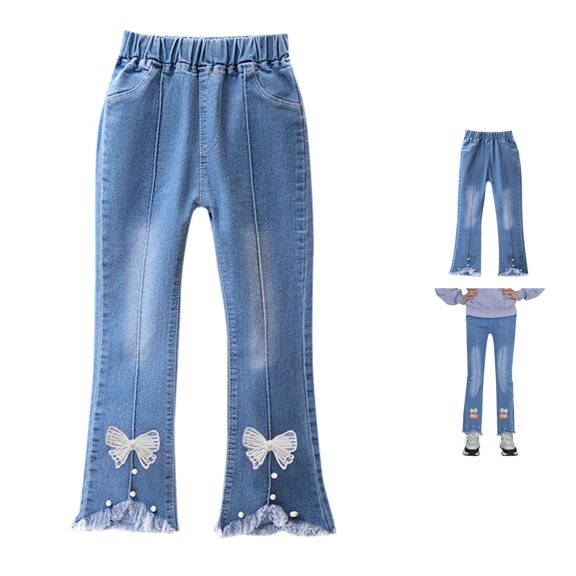 Girls Jeans Pants Denim Elastic Wasit Wide Leg Comfort Kids Clothes Size 5-6 Years