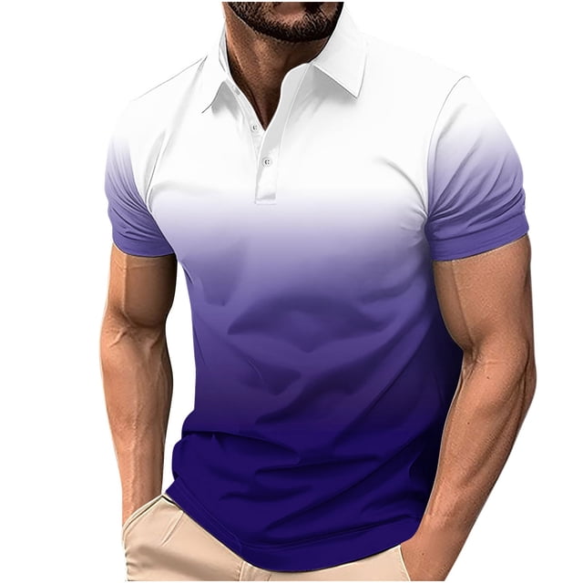Camisa Casual de Impresión de Gradiente de los Hombres, Top de Solapa de Manga Corta en Tela de Malla Ligera para el Aire Libre Y el Ocio, Blusa de Suéter Elegante