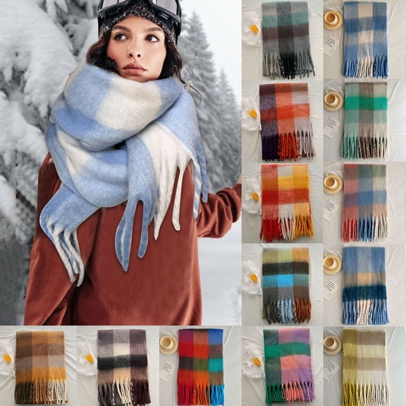 Ljudmp Fluffy Plaid Color Block Chunky Scarf For Women Oversized Soft Plush Tassel Thick Shawl Wrap Thermal Fall Winter Warm Blanket Neck Wrap Neckerchief Scarves for Daily Outdoor A