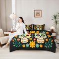 thumbnail image 4 of Homewish Folk Art Sugar Skull Twin Bedding for Women, Retro Boho Daisy Floral Bedding Comforter Set, Black Reversible, 7-Piece, 4 of 7
