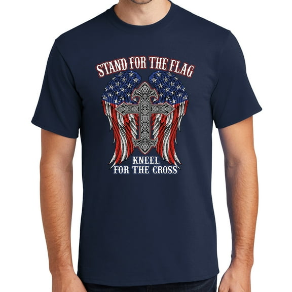 Mens Kneel for the Cross, Stand for the Flag Tee Shirt, Large Navy Blue
