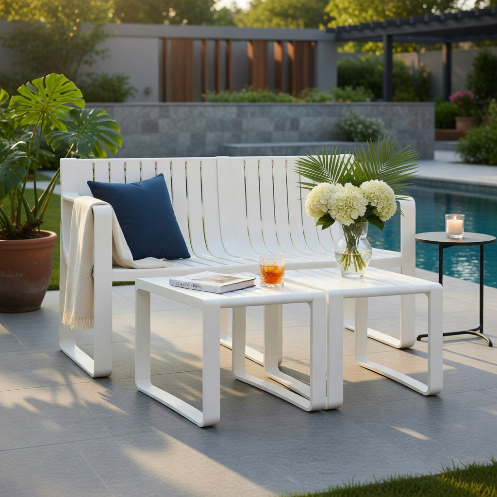 Hommoo Weather-Resistant Plastic 2-Person Outdoor Patio Loveseat Bench, Curved Backrest, White