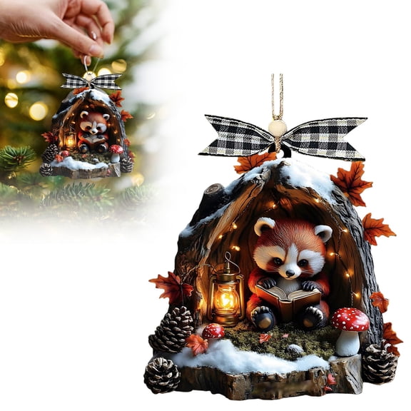 Christmas Animal Hanging Ornament, Acrylic Reading Book Raccoon Christmas Ornaments 2025, Cute Raccoon in Snowy Tree Stump Ornament, Forest Animals Hanging Decoration Gift for Animal Lovers
