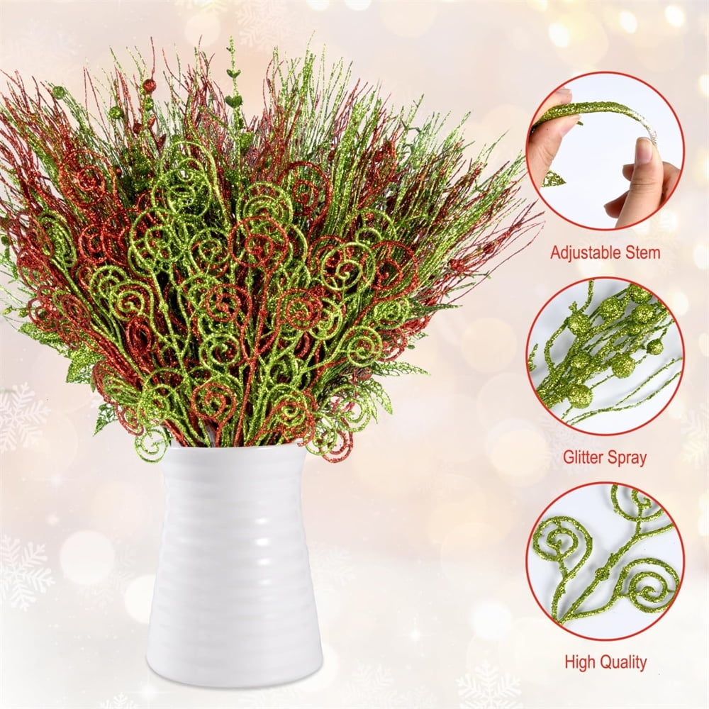 Triani 32Pcs Glitter Christmas Tree Picks 17" Artificial Glitter Curly Berry Stems Ornaments  Red Green Fake Candy Picks Ornaments Branches for Xmas Tree Wreath DIY Crafts Vase Filler