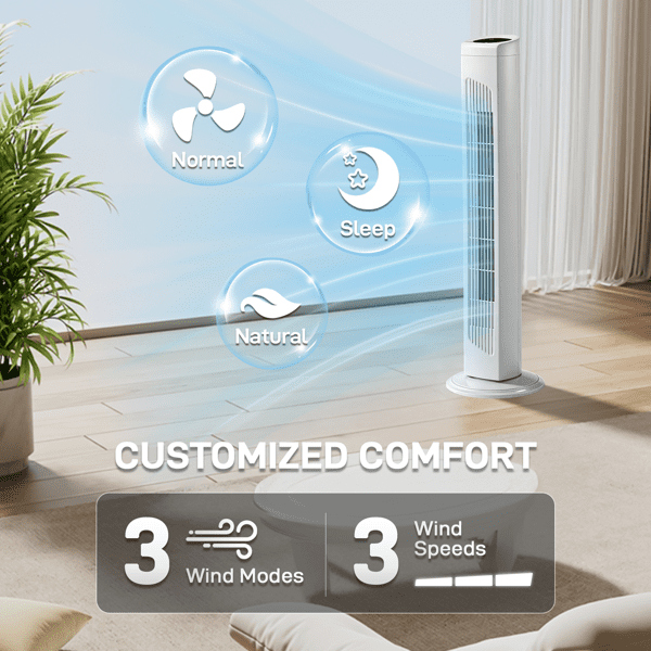 Alvantor 32-Inch Oscillating Tower Fan with Remote, 3 Speeds, 3 Modes and 7.5-Hour Timer, White