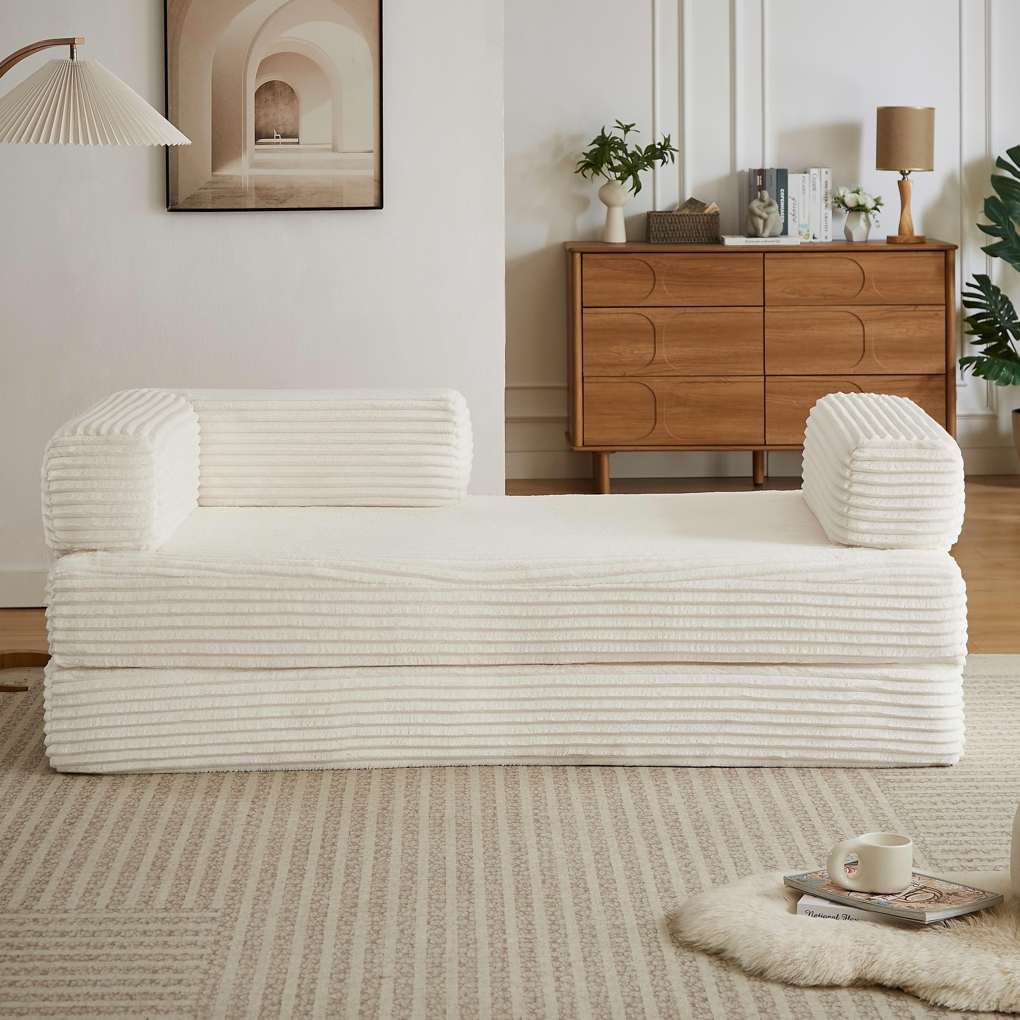 MAYEERTY Corduroy Oversized Loveseat, Cloud Convertible Sleeper, Boneless Modular Couch for Living Room, Beige