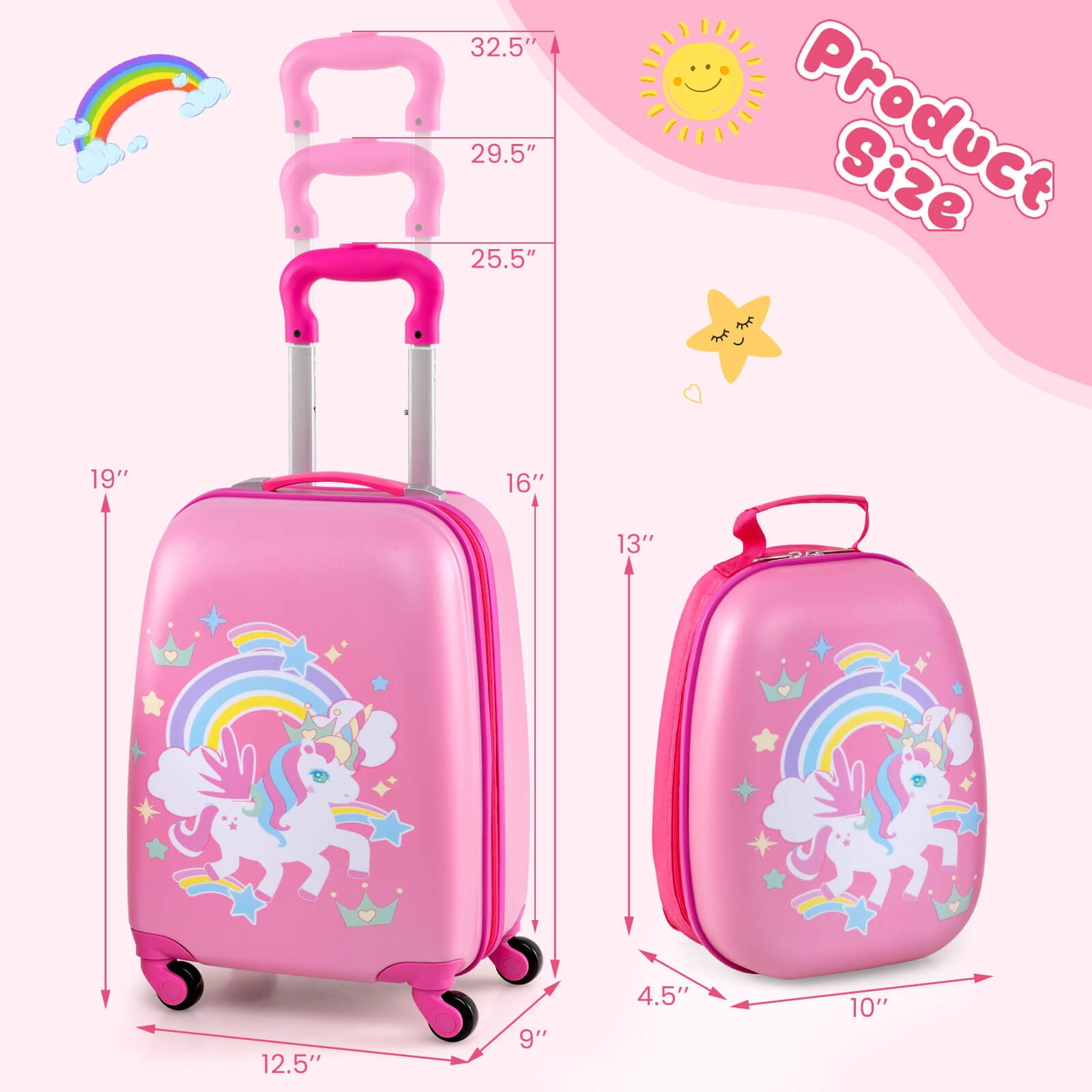 Costway 2PC Kids Carry On Luggage Set 12" Backpack and 16" Rolling Suitcase for Travel Multicolor