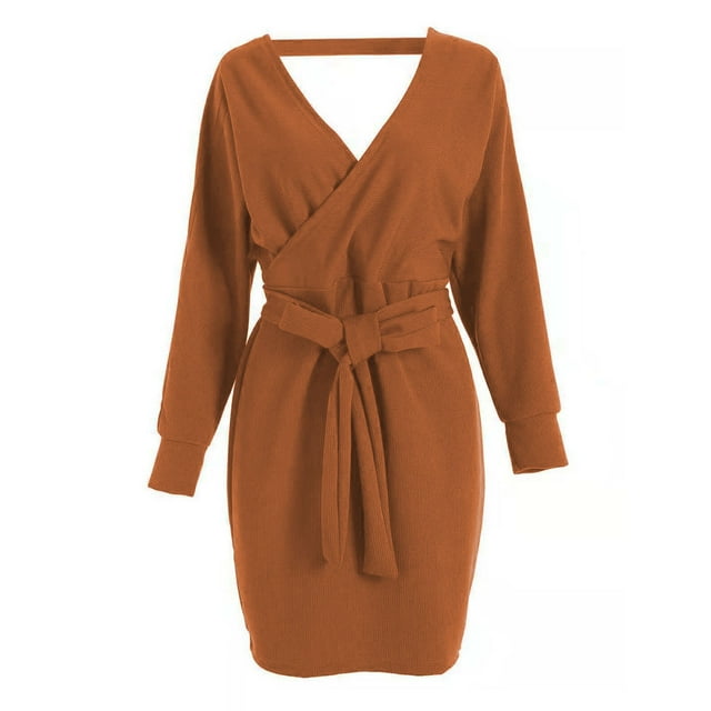 Mini vestido de punto para mujer, manga larga, sin espalda, para cóctel, otoño invierno, color caramelo L