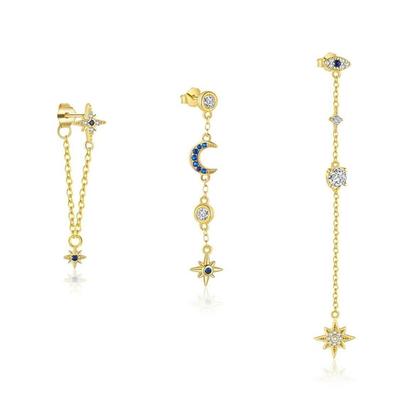 NICKSUN 925 Sterling Silver Moon Star Tassel Chain Stud Earring Set, 3Pcs Sparkly Zircon Asymmetric Trendy Stacked Earrings, Small Cute Piercing Jewelry Gift for Women