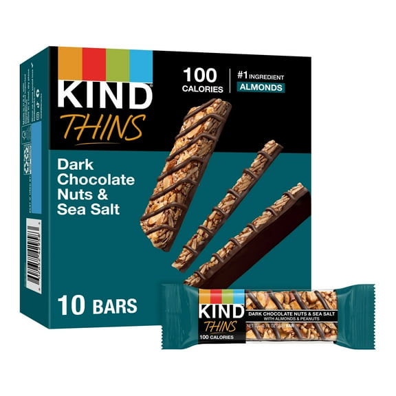 KIND Thins Gluten Free Dark Chocolate Nuts & Sea Salt Snack Bars, 0.74 oz, 10 Count Box