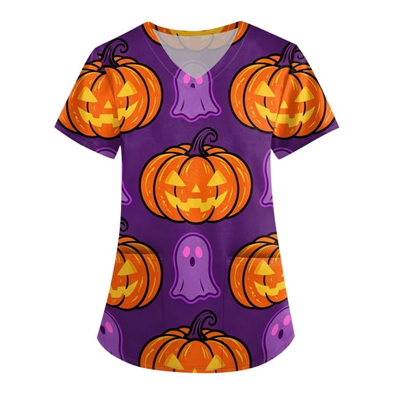 JULMCOMO Halloween Scrub Tops for Women Plus Size Cute Print V Neck Holiday Scrubs Casual Loose Funny Halloween Printed Nurse Uniform Shirts with Pockets Purple XL