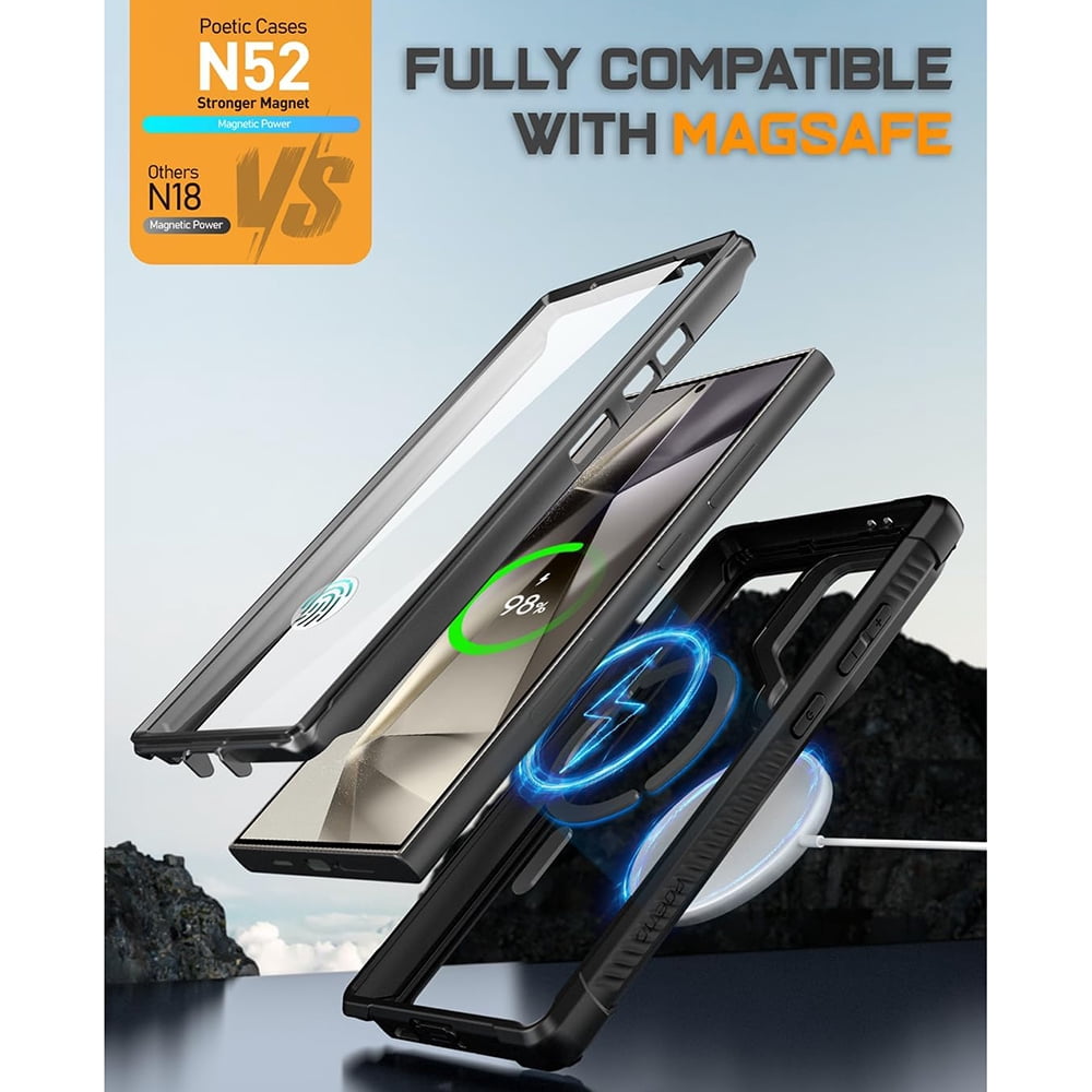 Poetic Guardian Case for Samsung Galaxy S24 Ultra 6.8", [Built-in Camera Stand] [Screen Protector Work with Fingerprint ID] Full Body Shockproof Protective Rugged Clear Cover, Black/Clear