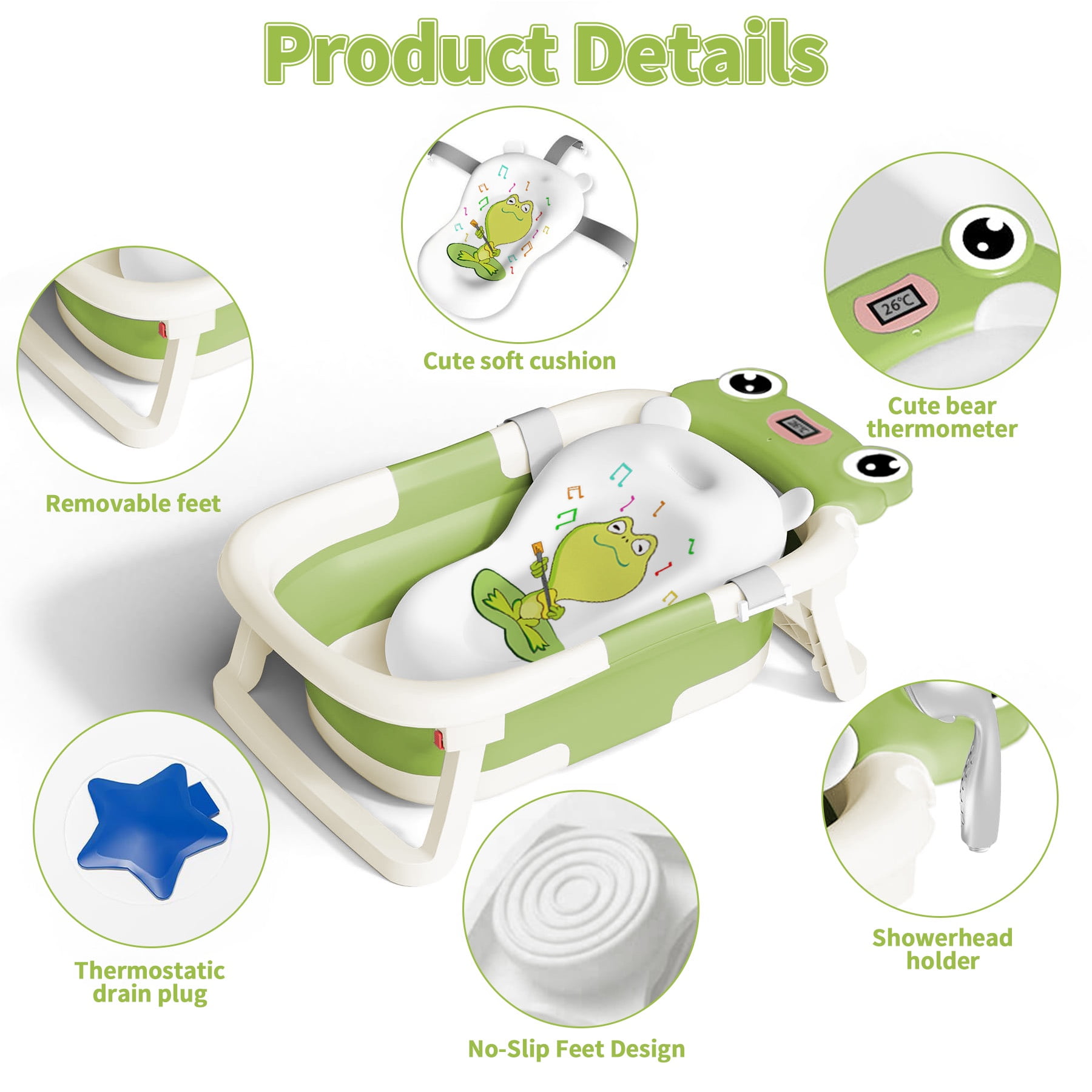 Babyomi Baby Bathtub Portable Baby Tub with Cute Bear Thermometer and Showerhead Holder, Bath Tub Thermostatic Drain Plug and No-Slip Feet Design to Newborn, Green