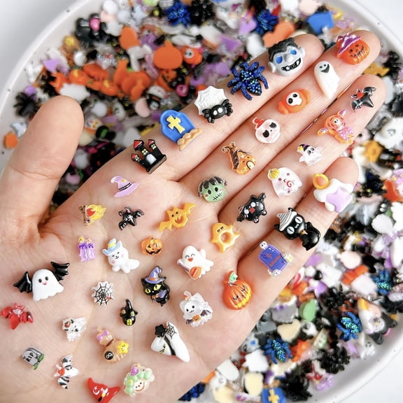 RAGUPEL 60Pcs Halloween Mix Nail Charms Cute Ghost Pumpkin Nail Gems Gothic Bat Spider Web Nail Rhinestones Colorful 3D Resin Design Nail Jewelry Halloween Acrylic Nails Supplies