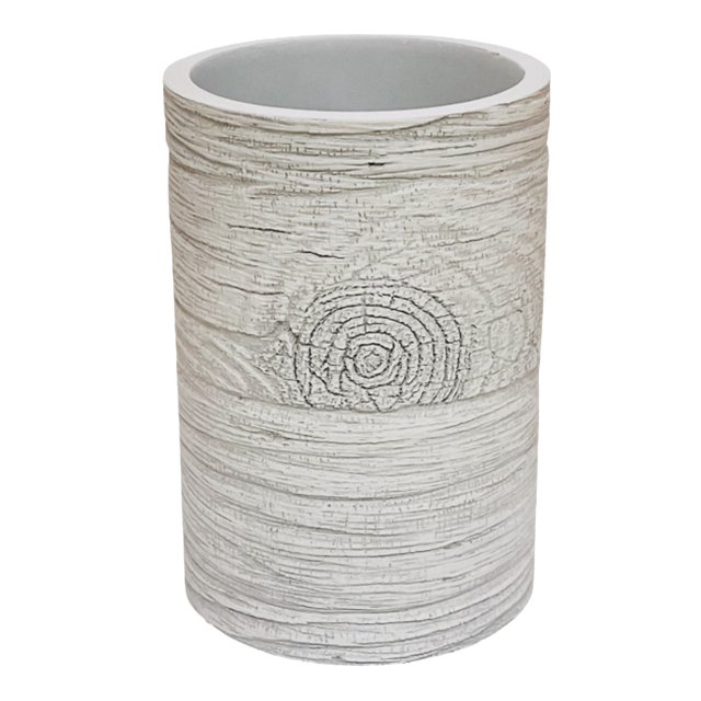 white tumbler designed to resemble textured wood with visible grain and knot details