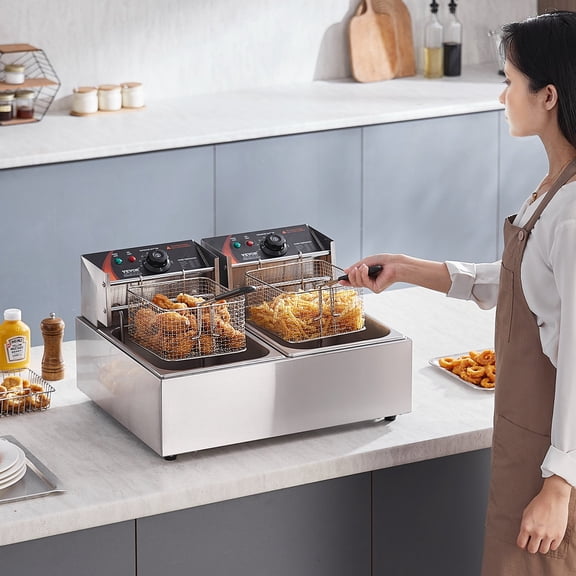 VEVOR Commercial Deep Fryer, Dual Tank 3000W Electric Countertop Fryer with Basket, 2 x 9.1Qt/8.6L Double Stainless Steel Oil Fryer, with Temp Control & Overheat Protection, for Kitchen Restaurant Us