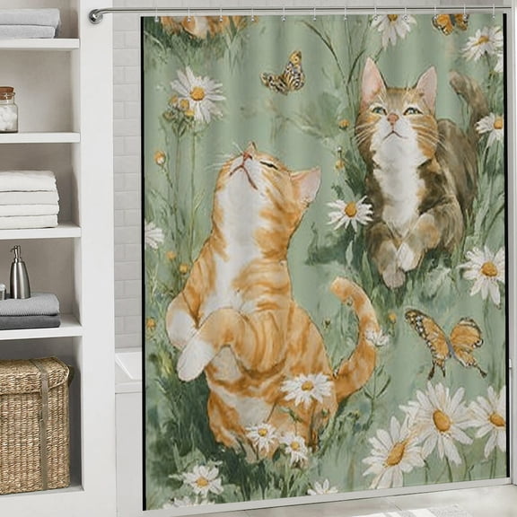 RKSupls Christmas Shower Curtain, Orange Tabby Cat Shower Curtain with Hooks for Christmas Home Bathroom Decor Washable Curtains, 72x72 in